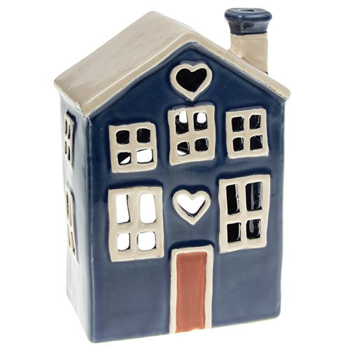 Village Pottery Heart House Tealight Holder Dark Blue