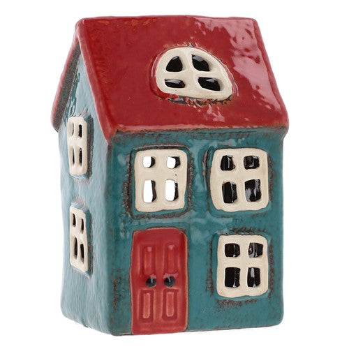 Village Pottery Bright House Tealight Holder Blue and Red