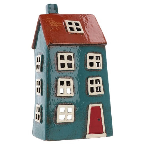 Village Pottery Bright House Large Tealight Holder Blue and Red