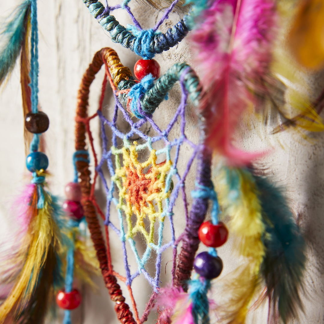 Rainbow Feather Hemp 3 Heart Dreamcatcher