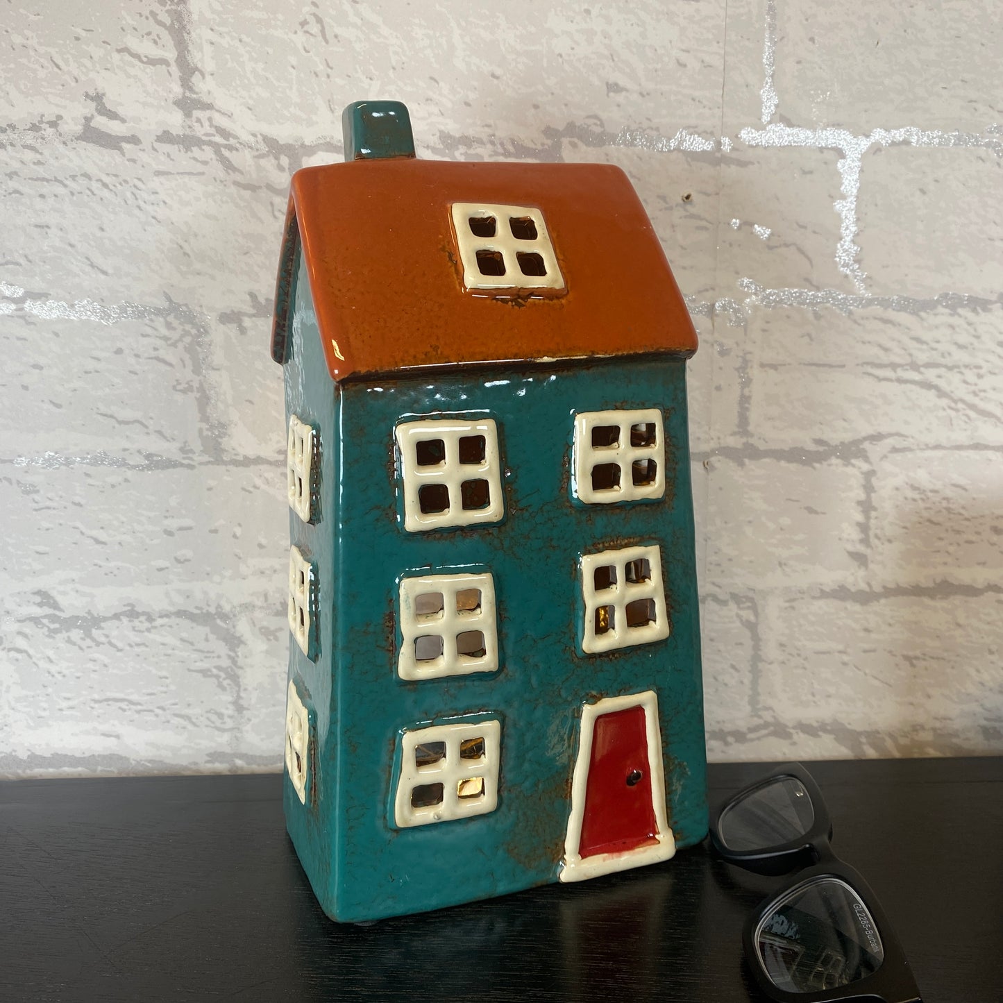 Village Pottery Bright House Large Tealight Holder Blue and Red