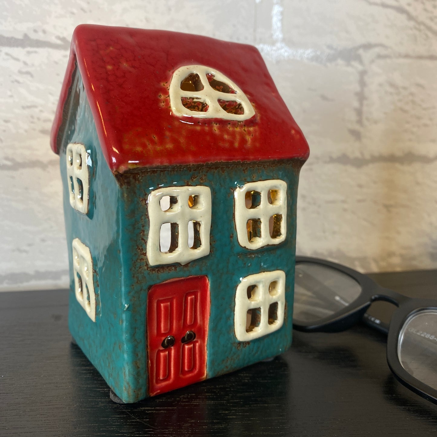 Village Pottery Bright House Tealight Holder Blue and Red