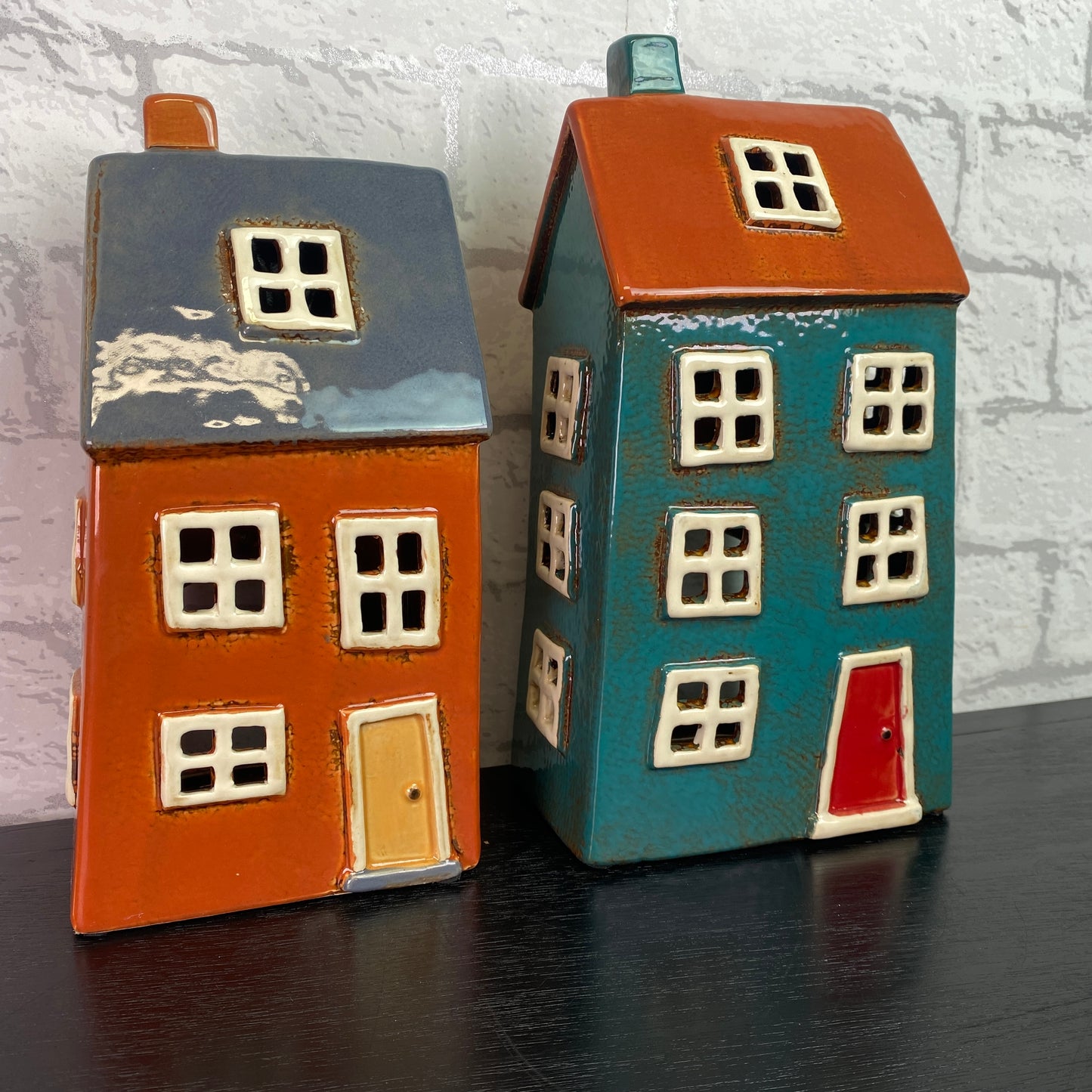 Village Pottery Bright House Large Tealight Holder Blue and Red