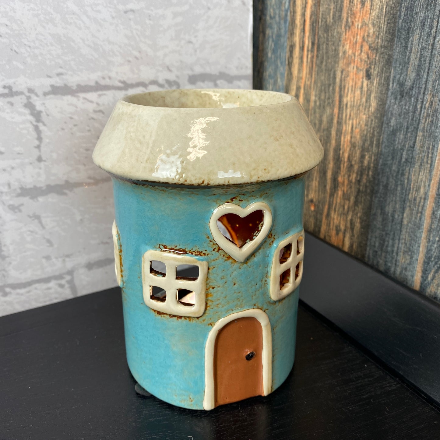 Village Pottery House Tealight Oil Warmer Teal