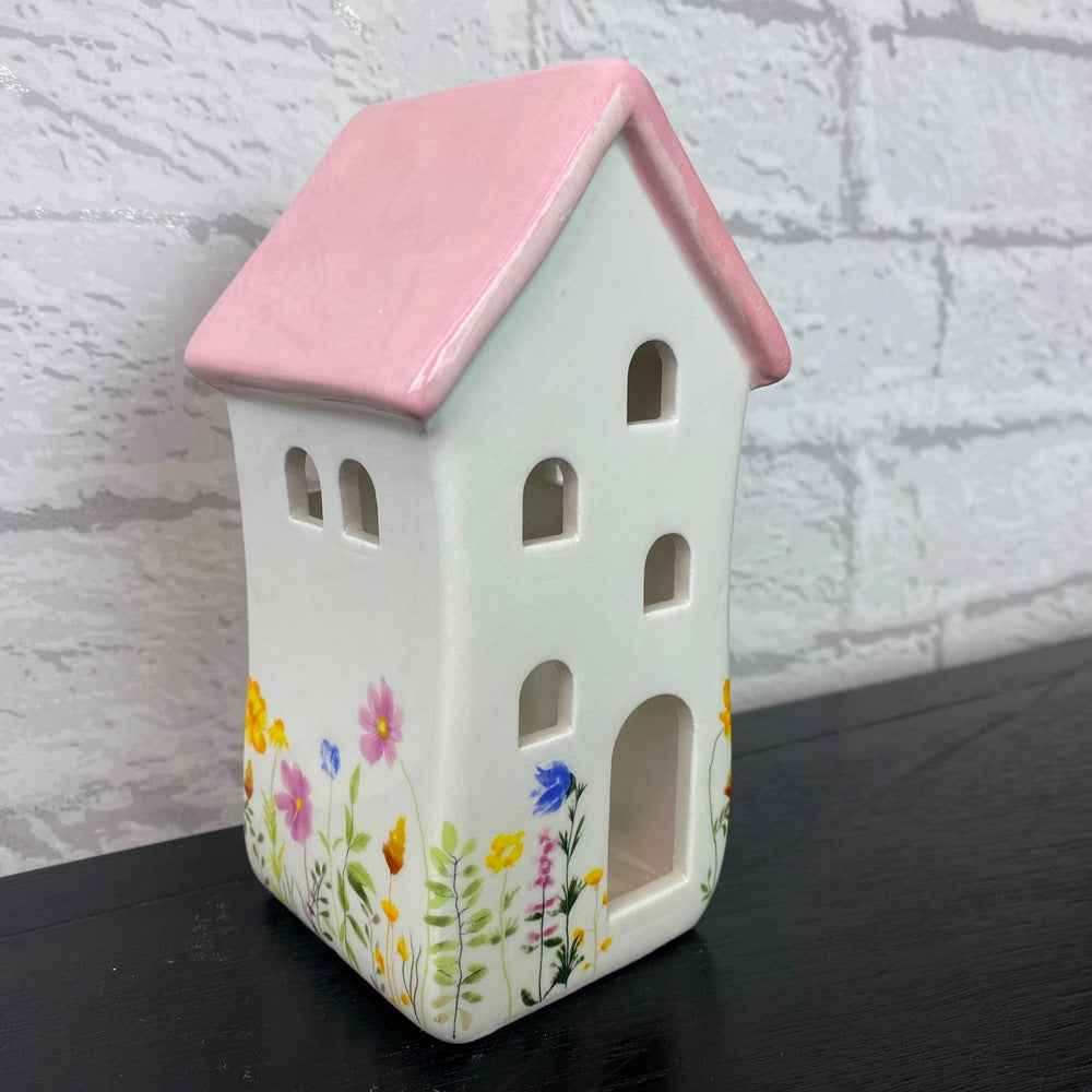 Meadow House Pink Roof Cottage Tealight Holder