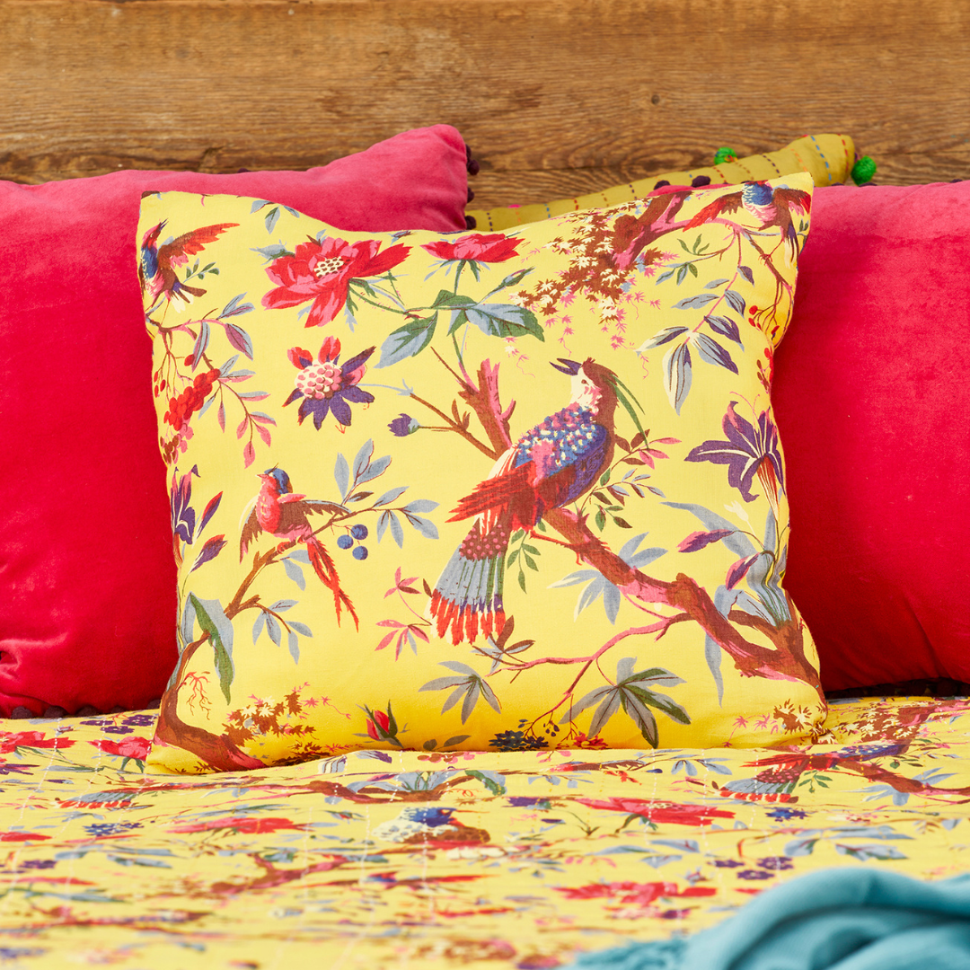 Bird of Paradise Print Cushion Yellow