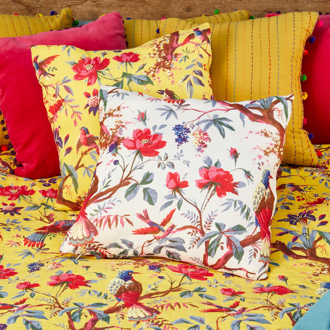 Bird of Paradise Print Cushion Yellow