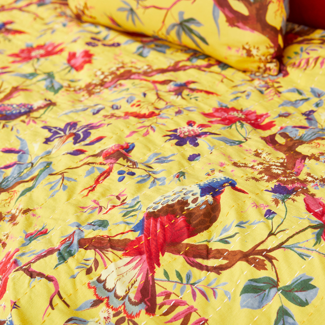 Bird of Paradise Kantha Throw Yellow