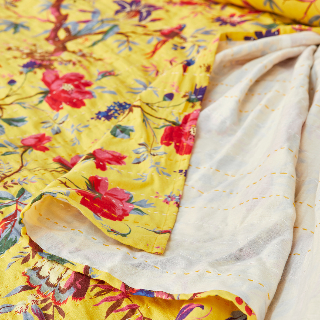 Bird of Paradise Kantha Throw Yellow