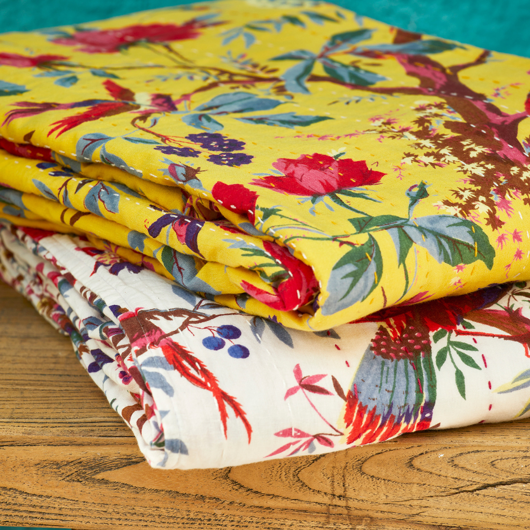 Bird of Paradise Kantha Throw Yellow