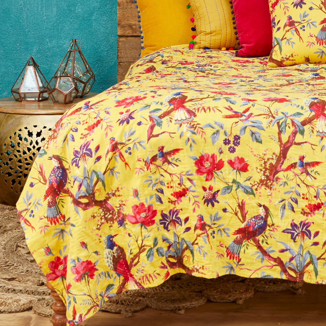 Bird of Paradise Kantha Throw Yellow