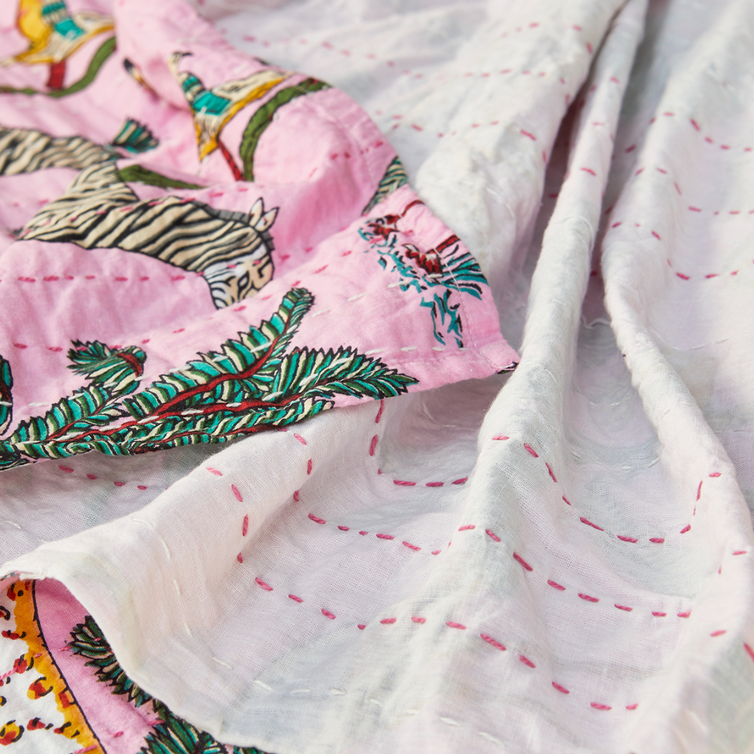Jungle Print Kantha Bed Throw Pink