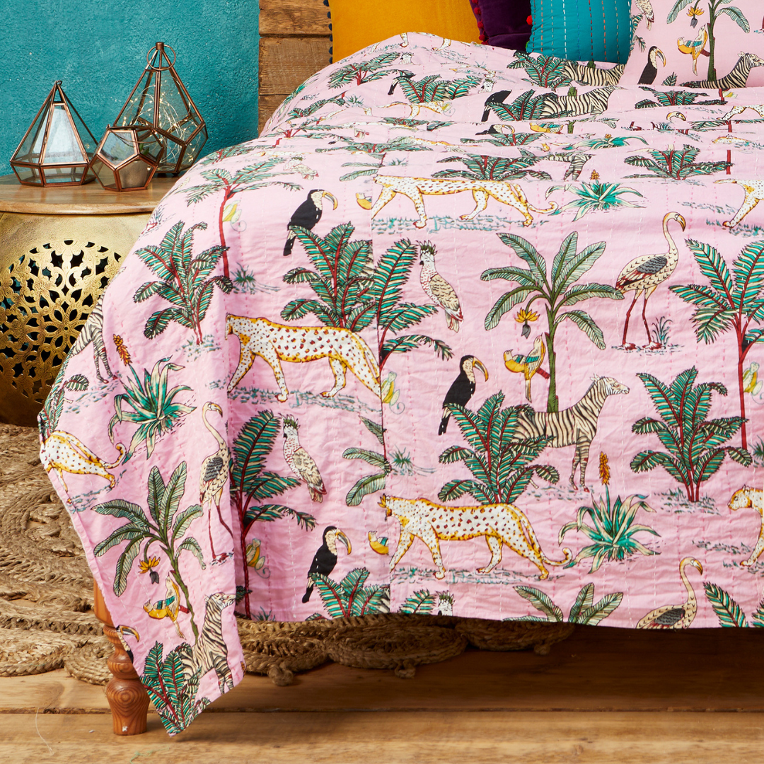 Jungle Print Kantha Bed Throw Pink