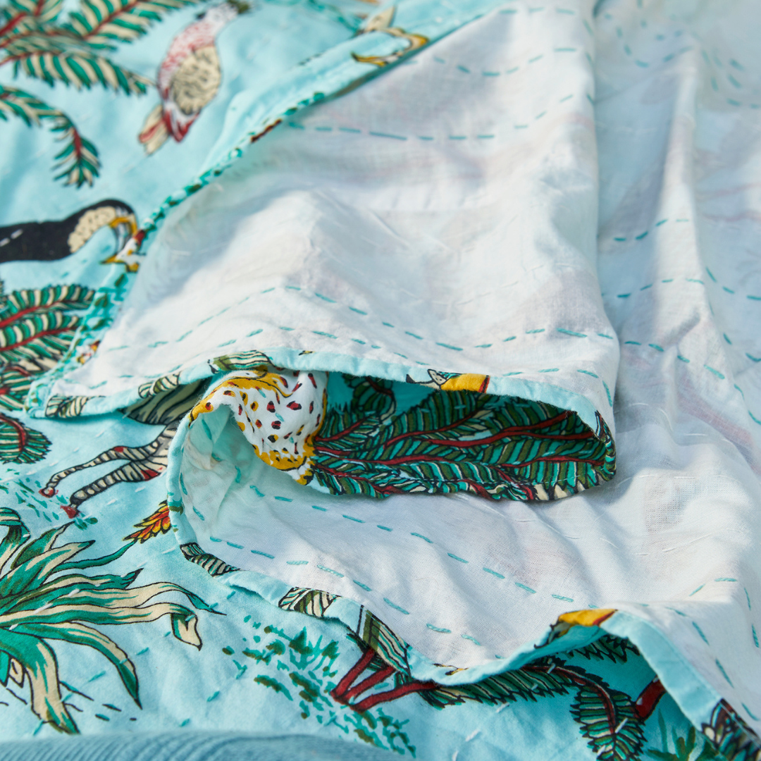 Jungle Print Kantha Bed Throw Jade