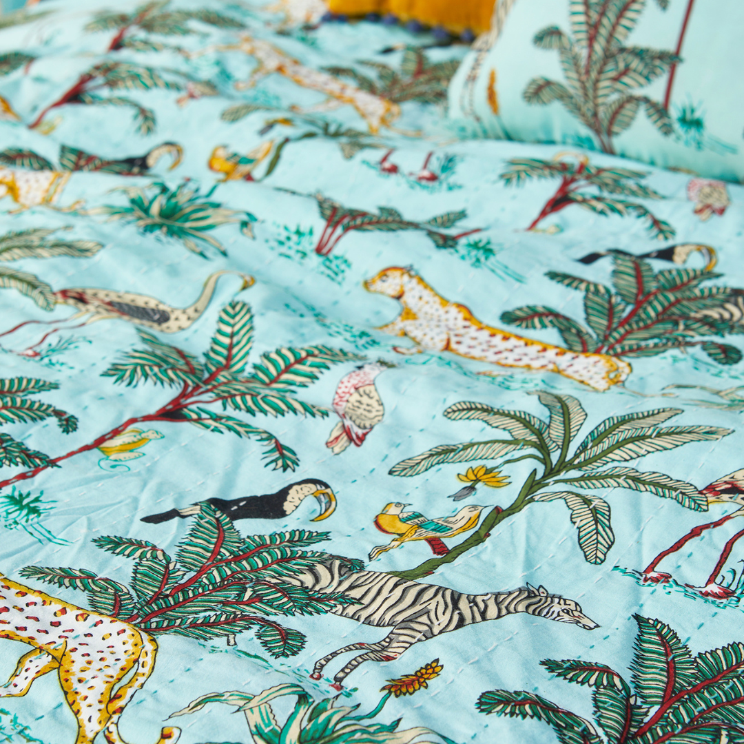 Jungle Print Kantha Bed Throw Jade