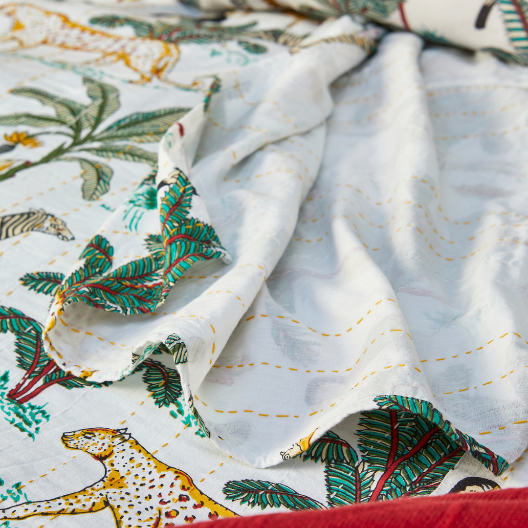 Jungle Print Kantha Bed Throw Cream