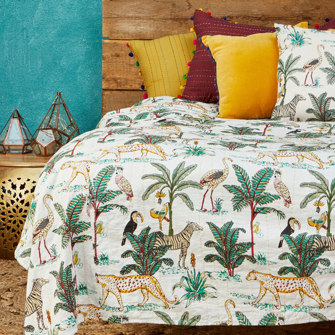 Jungle Print Kantha Bed Throw Cream