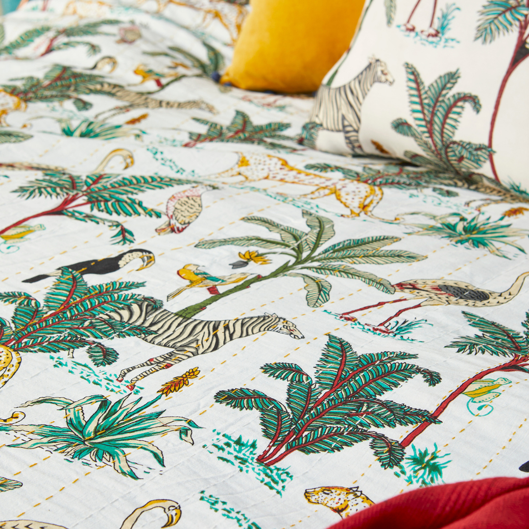 Jungle Print Kantha Bed Throw Cream