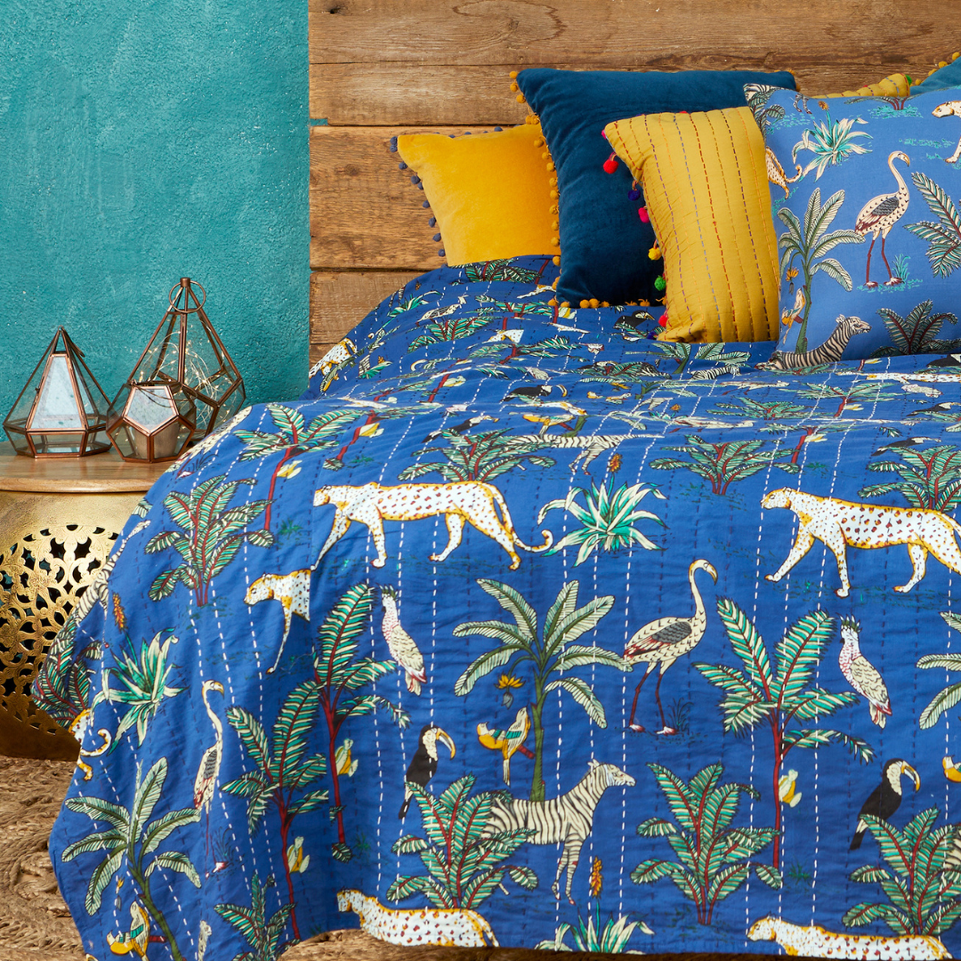 Jungle Print Kantha Bed Throw Blue
