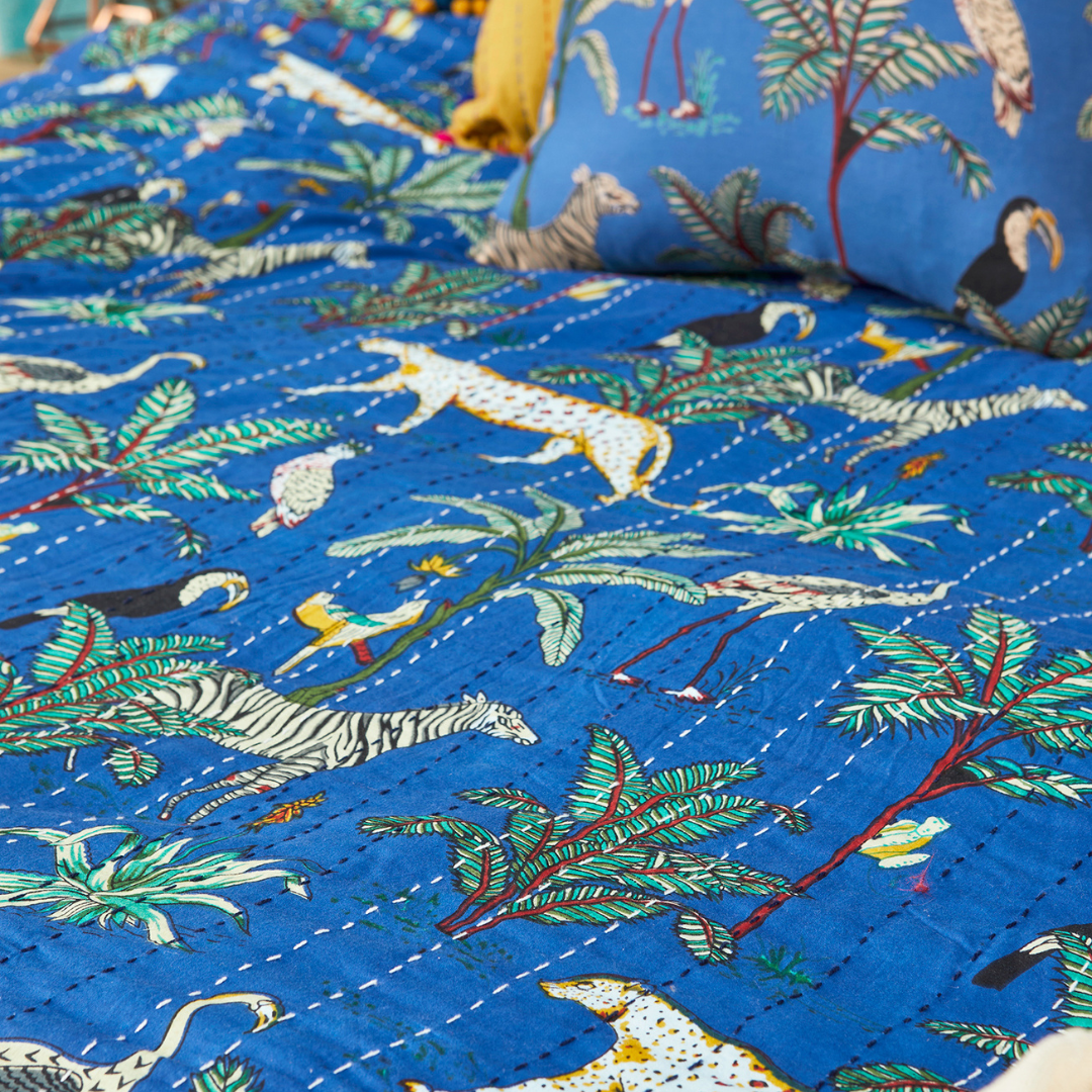 Jungle Print Kantha Bed Throw Blue