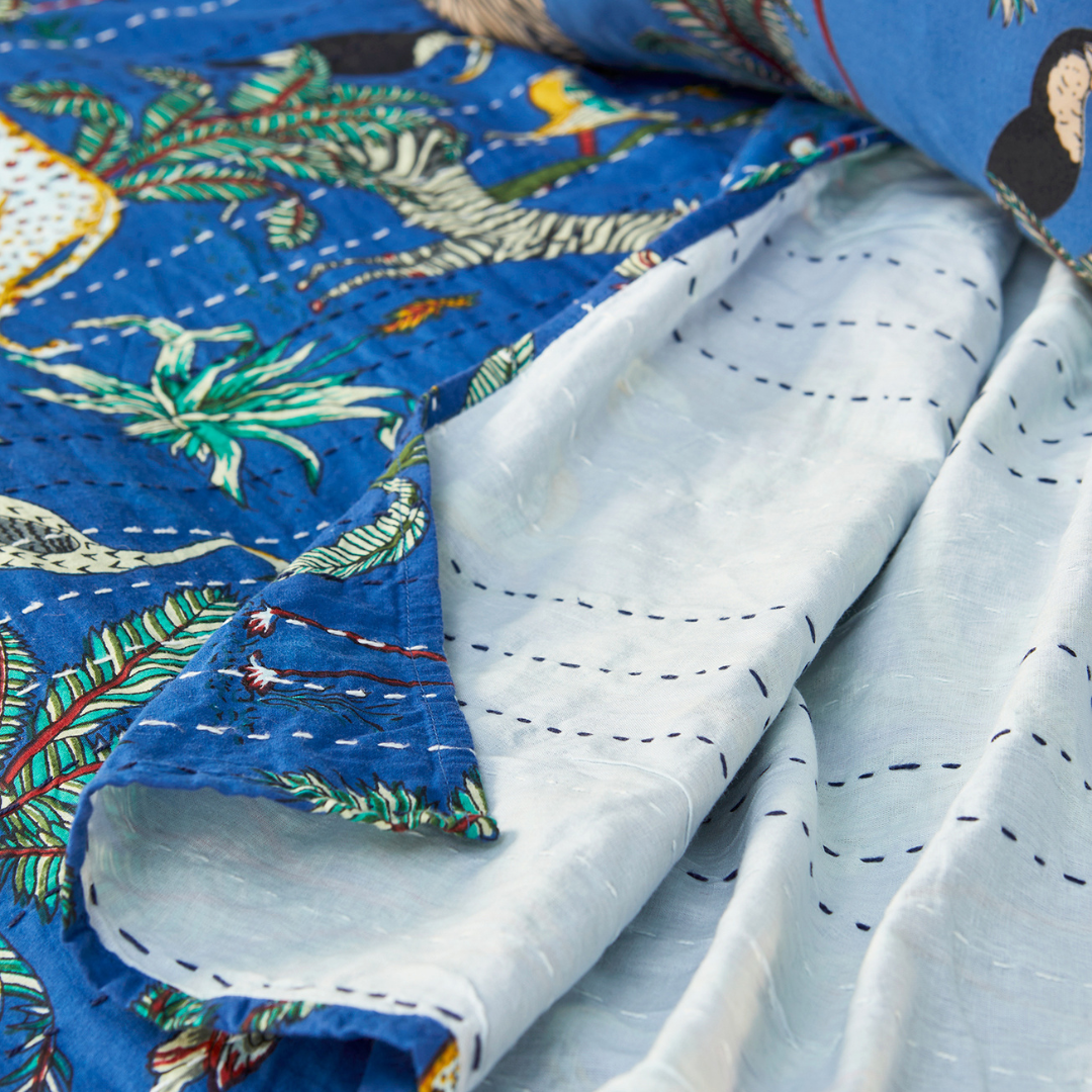 Jungle Print Kantha Bed Throw Blue