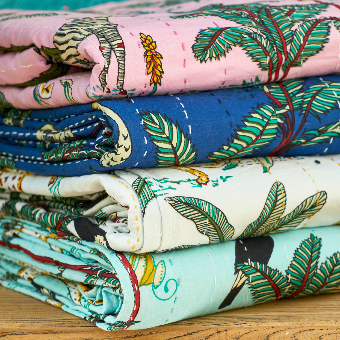 Jungle Print Kantha Bed Throw Cream