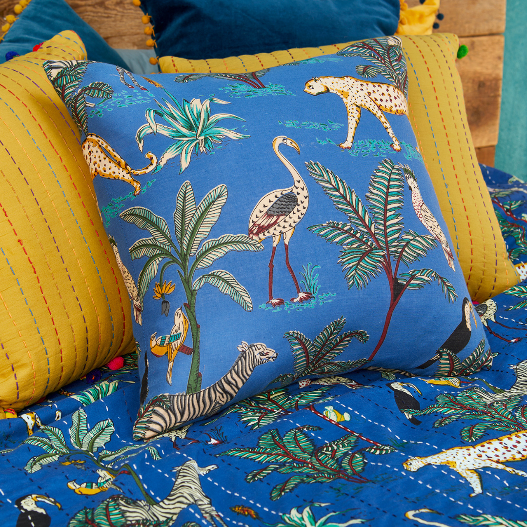 Jungle Print Cushion Blue