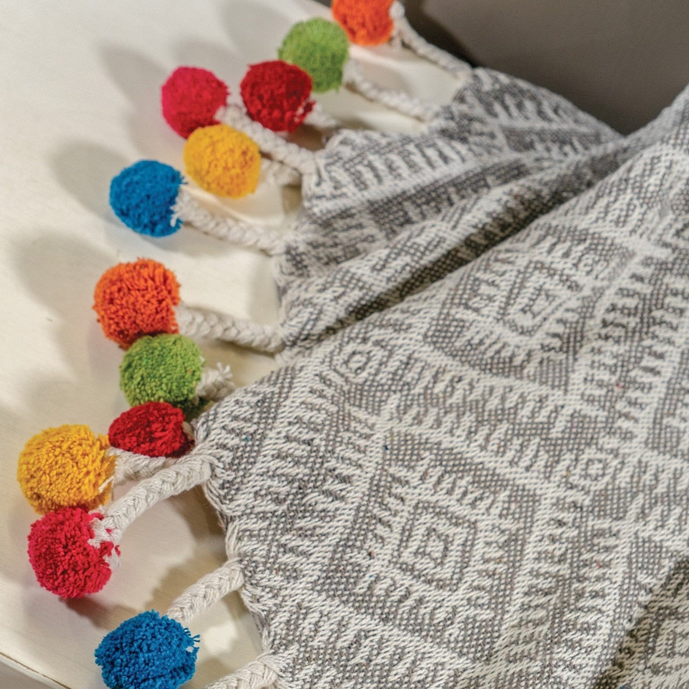 Multi Pom Pom Grey Recycled Cotton Throw