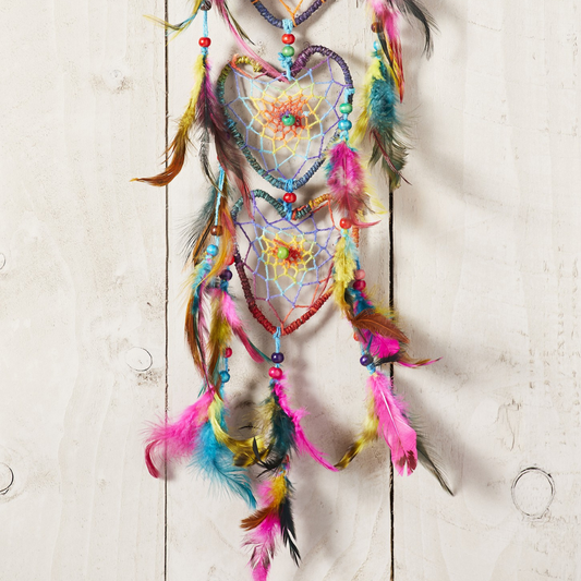 Rainbow Feather Hemp 3 Heart Dreamcatcher