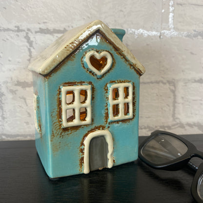 Village Pottery Mini Heart House Tealight Holder Aqua
