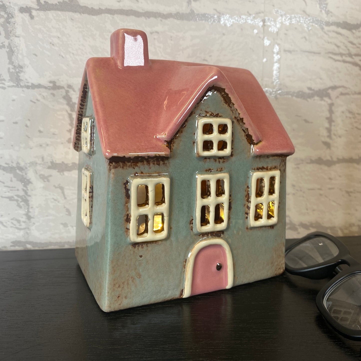 Village Pottery Bright House Tealight Holder Grey and Pink