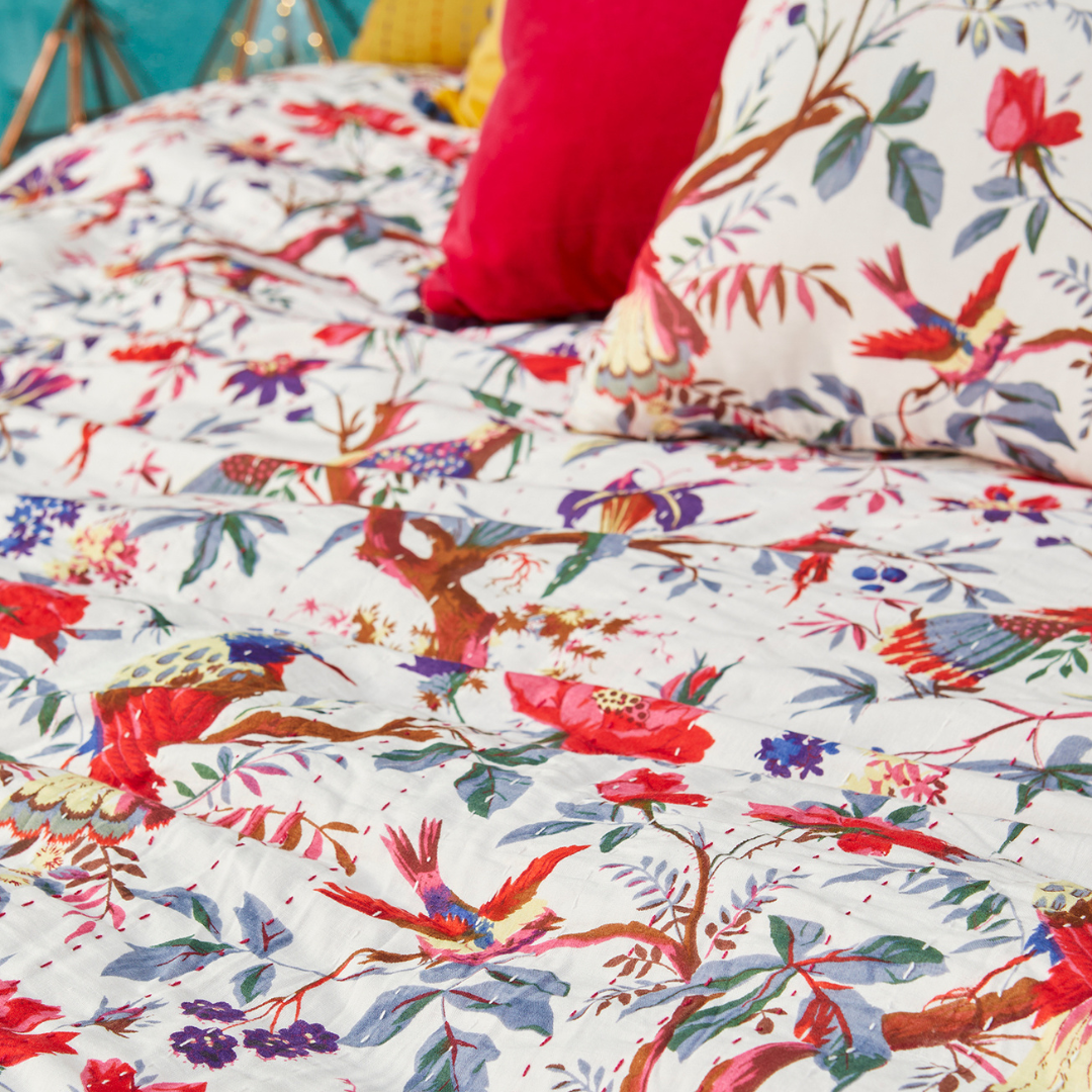 Bird of Paradise Kantha Throw White