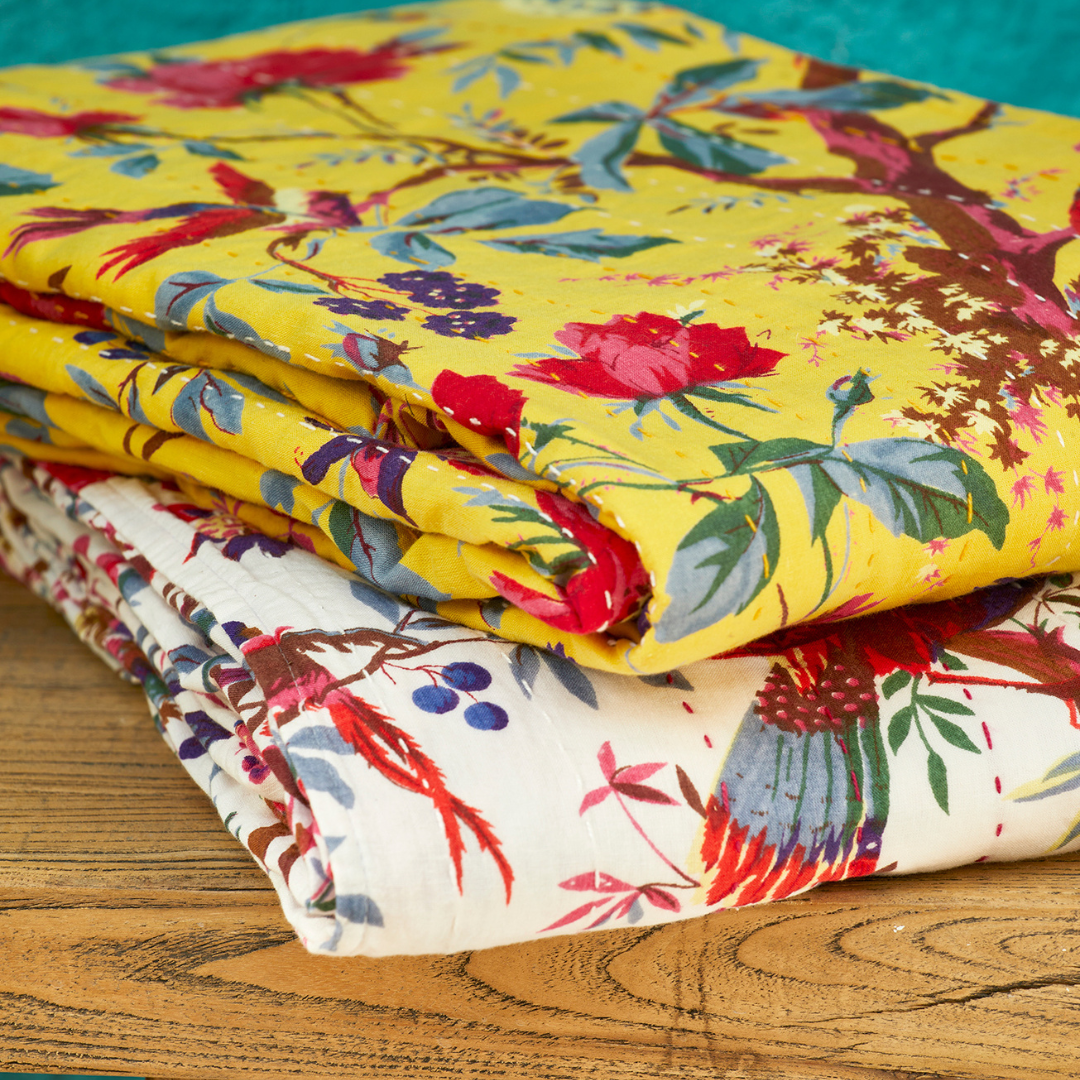 Bird of Paradise Kantha Throw White