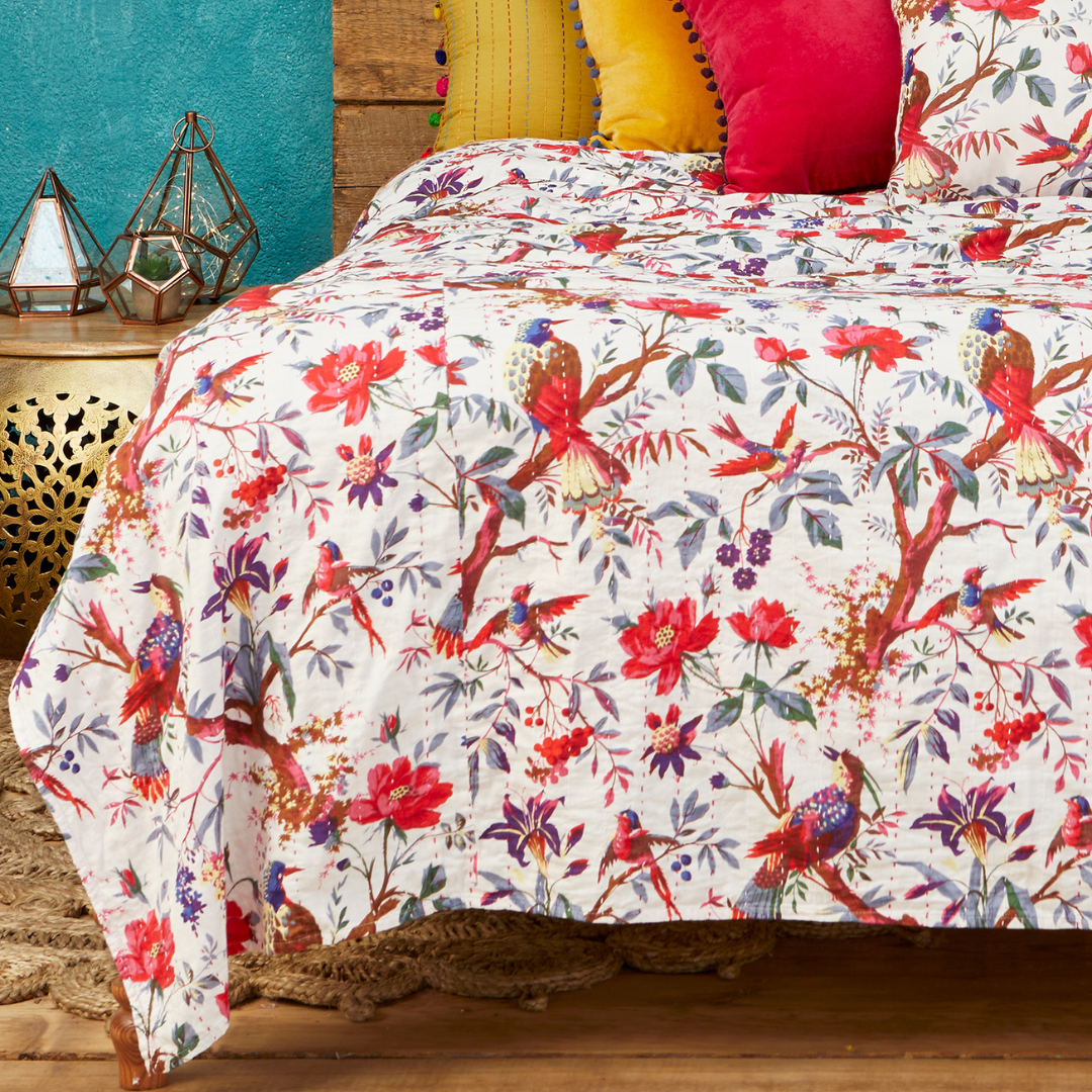 Bird of Paradise Kantha Throw White