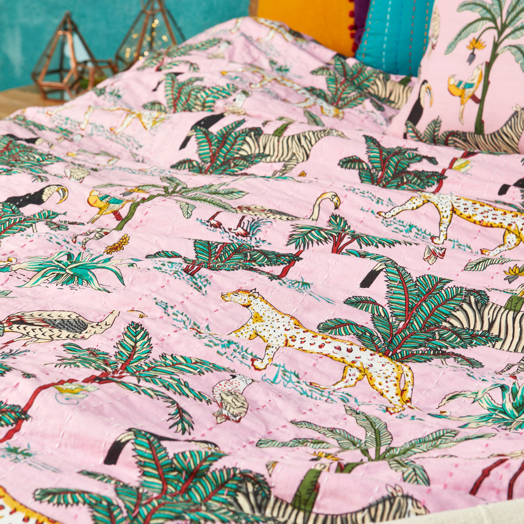 Jungle Print Kantha Bed Throw Pink